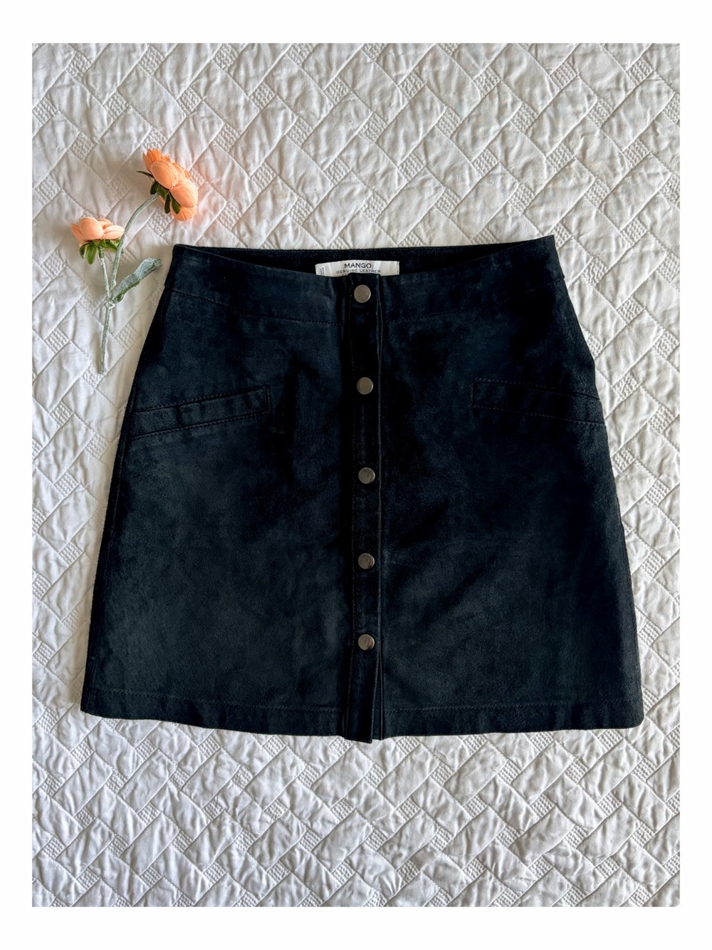 Mango Black Leather Mini Skirt Snap Front A-Line Size US 2